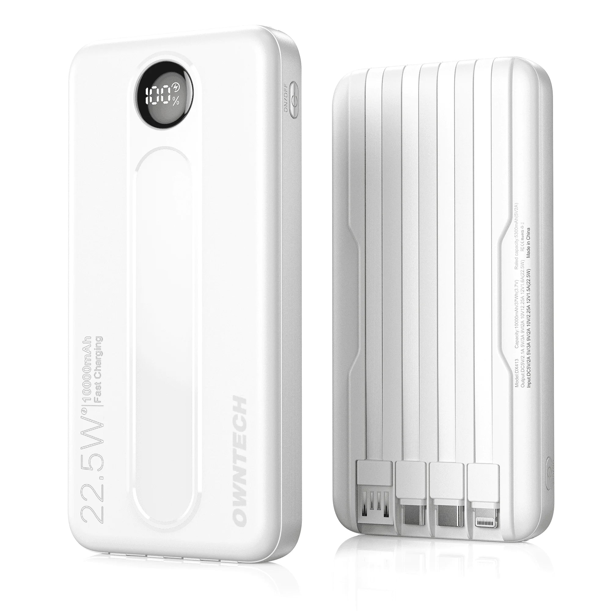 10000Mah Portable Charger with Built-In Cables, 22.5W Fast Charging, USB-C Power Bank, LED Display, Compatible with Iphone 16/15/14, Samsung & Android Phones (White)
