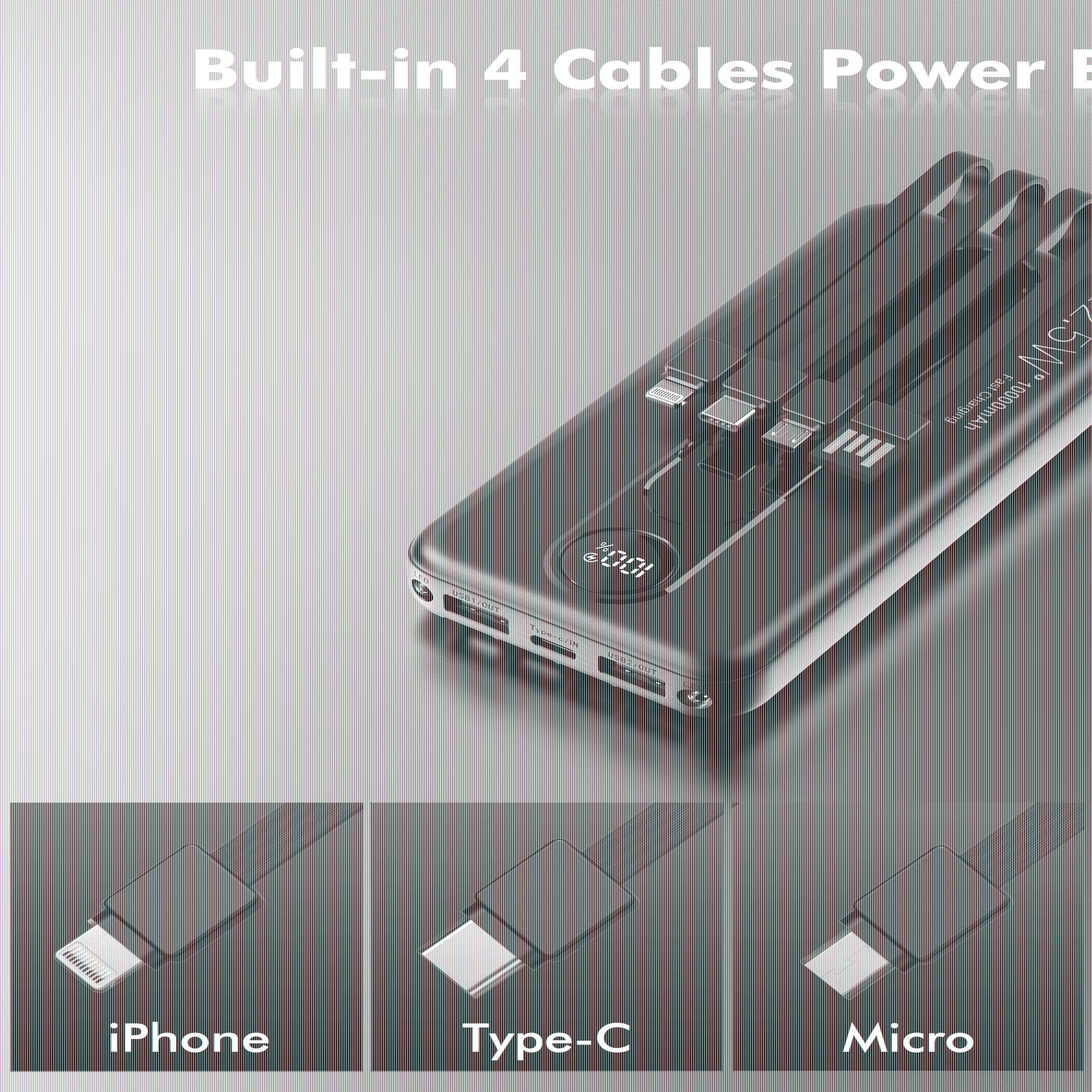 10000Mah Portable Charger with Built-In Cables, 22.5W Fast Charging, USB-C Power Bank, LED Display, Compatible with Iphone 16/15/14, Samsung & Android Phones (Black)