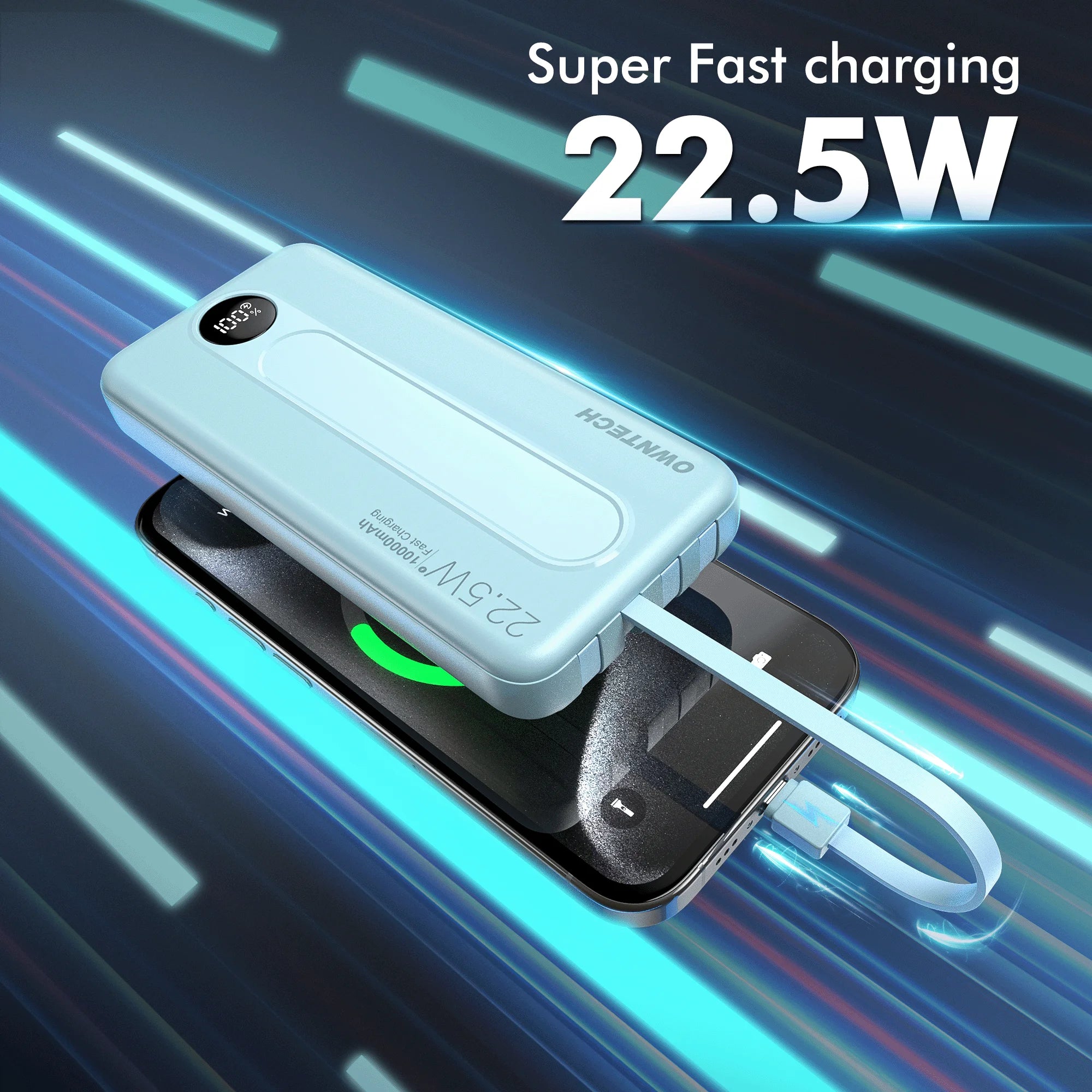 10000Mah Portable Charger with Built-In Cables, 22.5W Fast Charging, USB-C Power Bank, LED Display, Compatible with Iphone 16/15/14, Samsung & Android Phones (Blue)