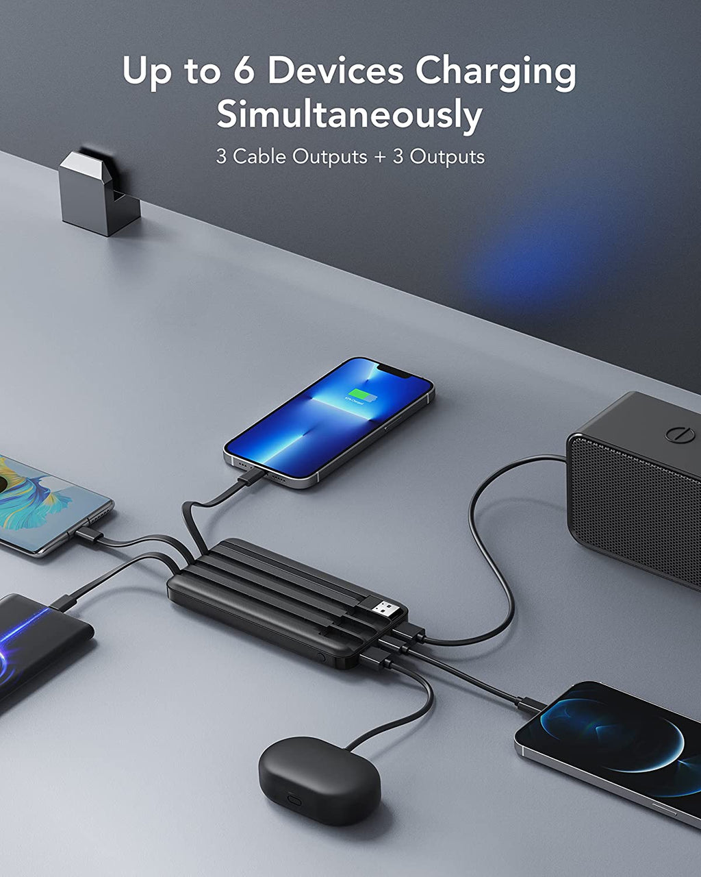 Portable Charger with Built in Cables, Power Bank with Cords Wires, Slim 10000Mah Travel Battery Pack 6 Outputs 3 Inputs 3A Fast Charging for Samsung Google Pixel LG Moto Iphone Ipad