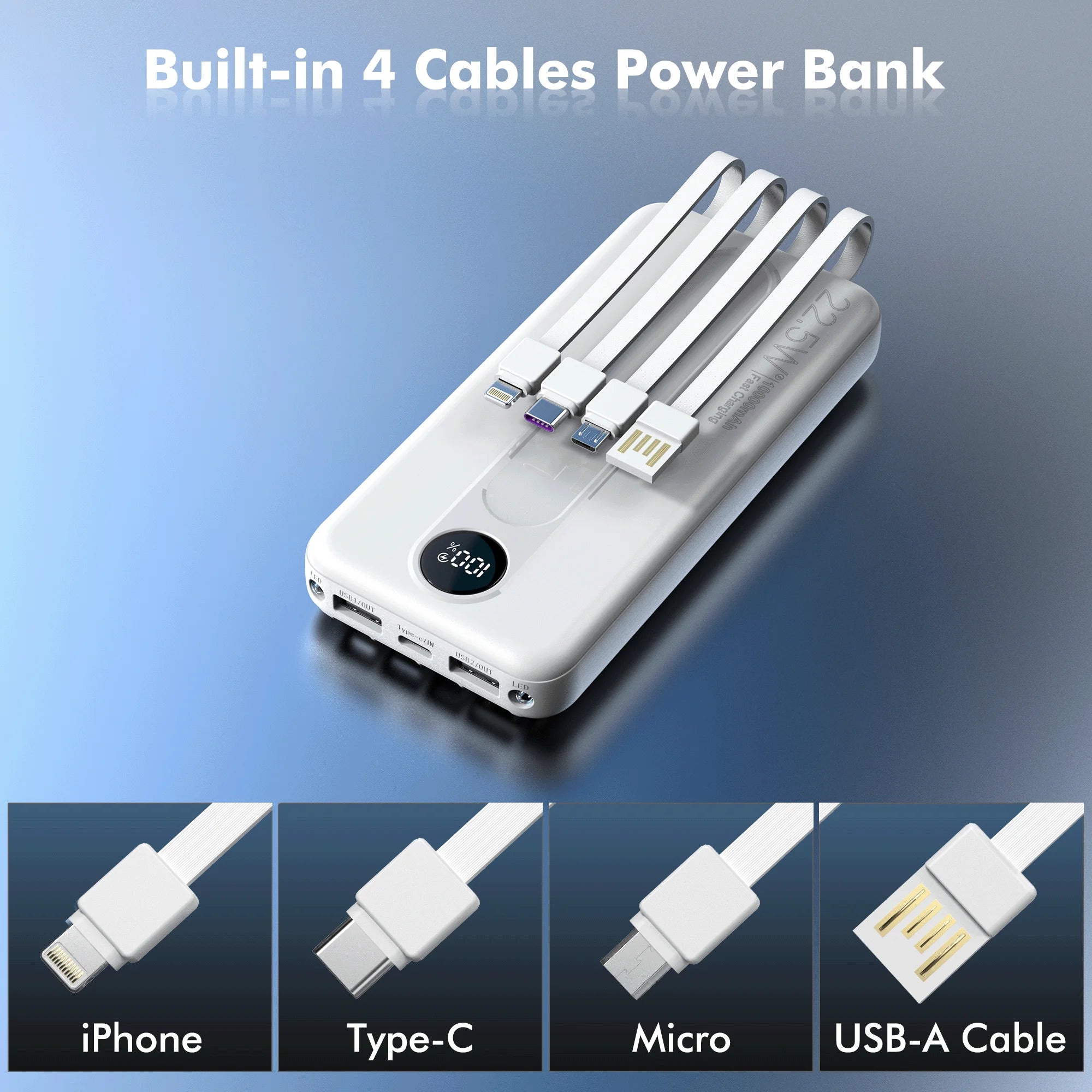 10000Mah Portable Charger with Built-In Cables, 22.5W Fast Charging, USB-C Power Bank, LED Display, Compatible with Iphone 16/15/14, Samsung & Android Phones (White)
