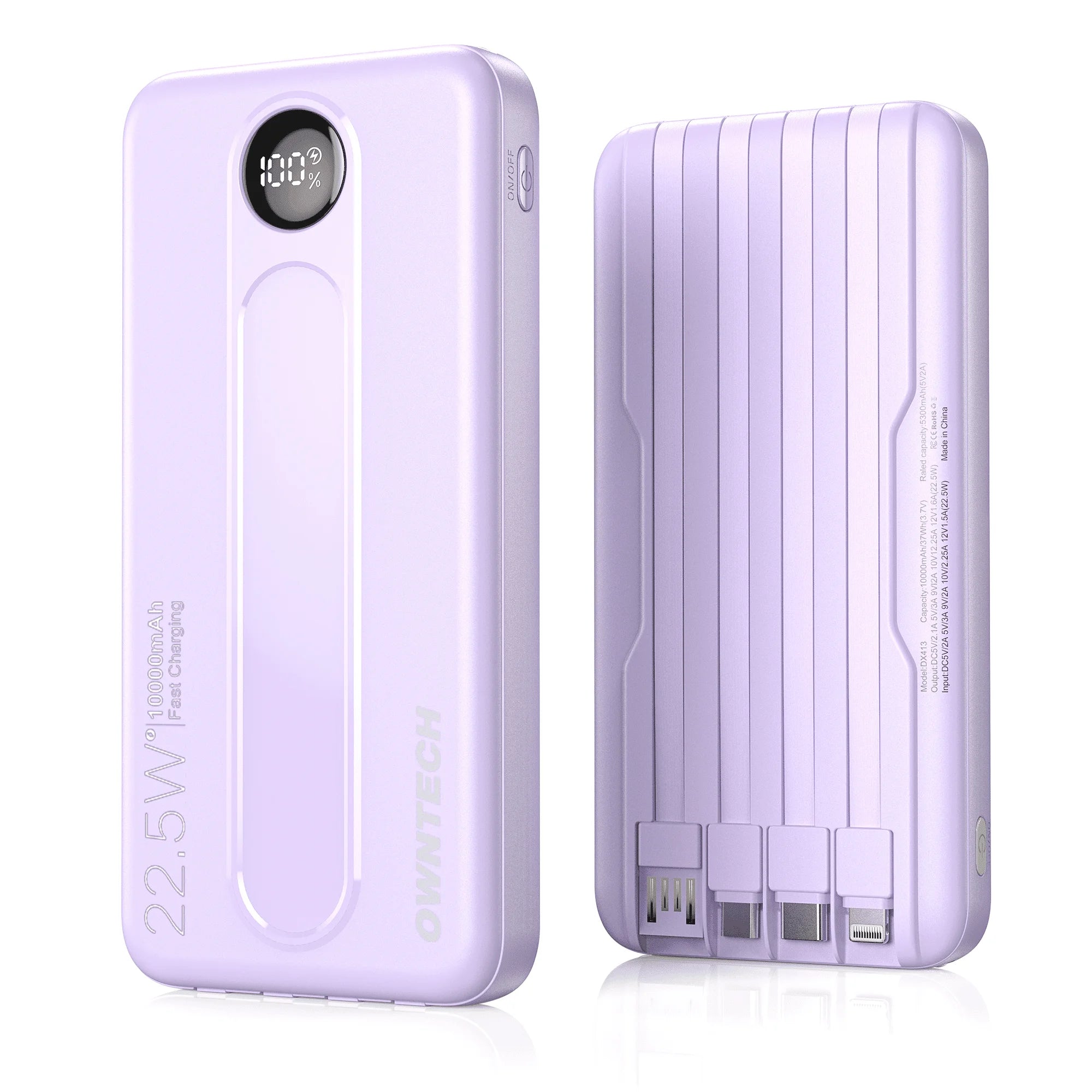 10000Mah Portable Charger with Built-In Cables, 22.5W Fast Charging, USB-C Power Bank, LED Display, Compatible with Iphone 16/15/14, Samsung & Android Phones (Purple)