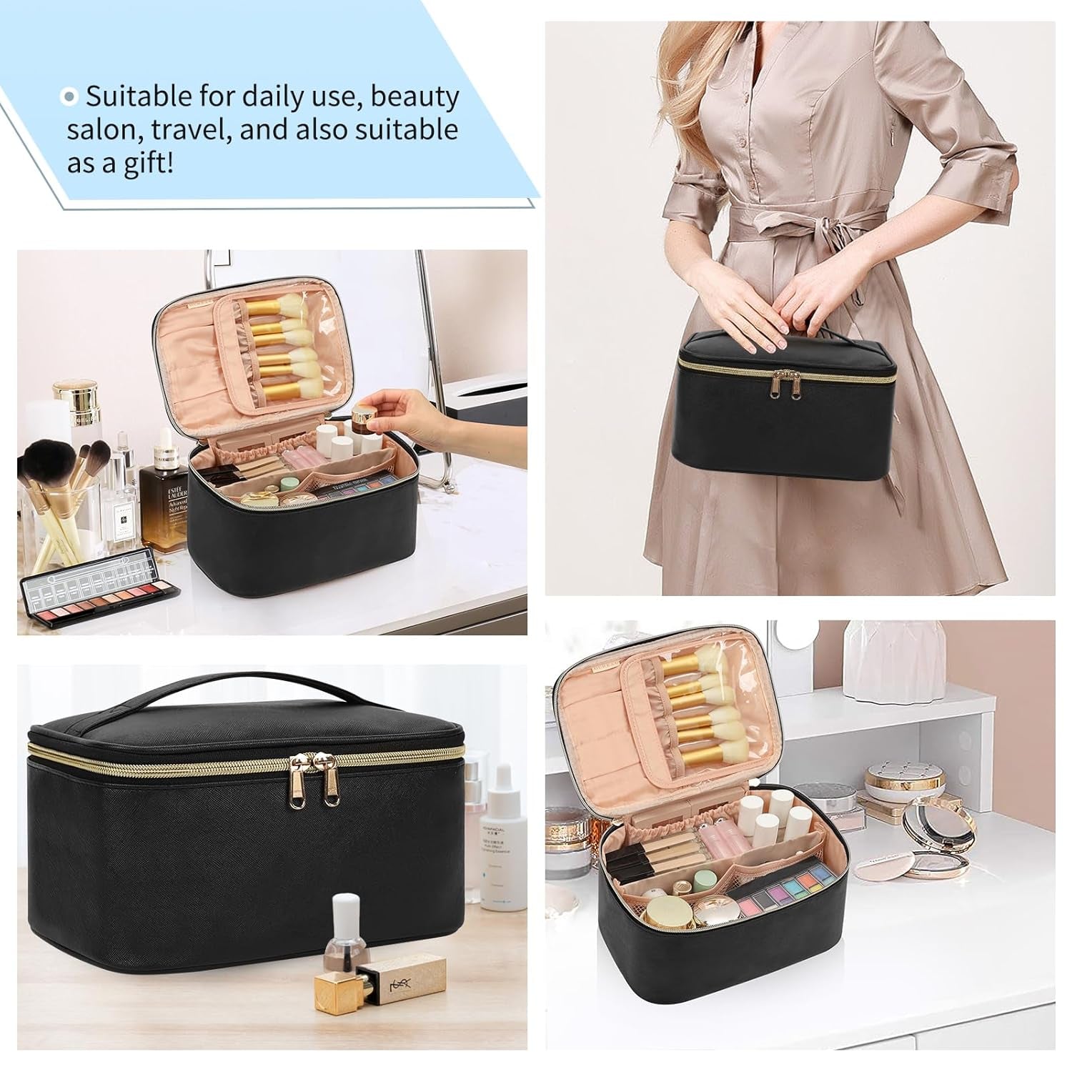 Makeup Bag, Portable Cosmetic Bag, Large Capacity Travel Makeup Case Organizer, Black for Women Toiletry Bag for Girls Traveling with Handle and Divider