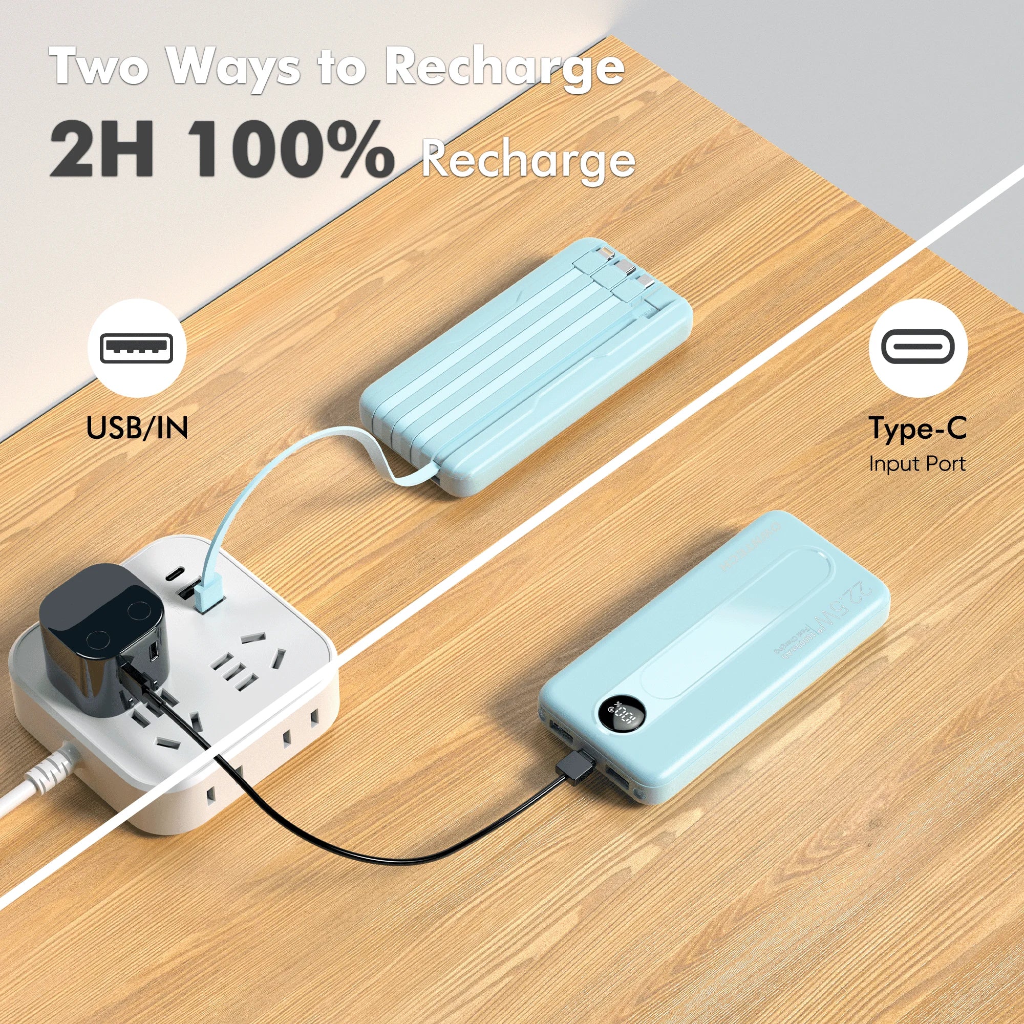 10000Mah Portable Charger with Built-In Cables, 22.5W Fast Charging, USB-C Power Bank, LED Display, Compatible with Iphone 16/15/14, Samsung & Android Phones (Blue)