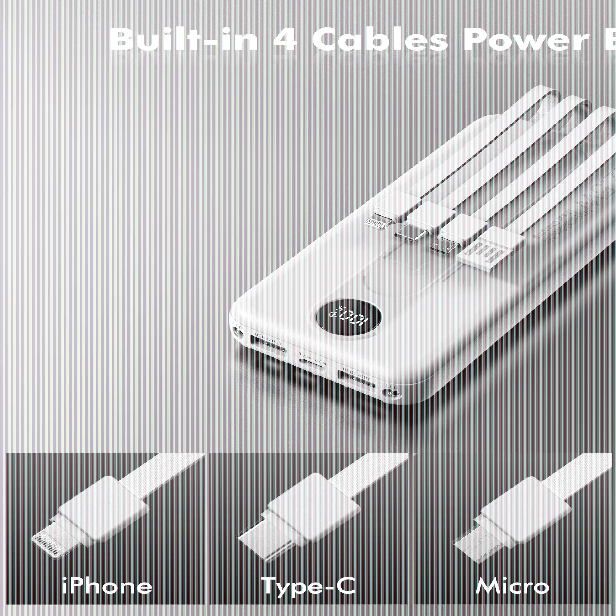 10000Mah Portable Charger with Built-In Cables, 22.5W Fast Charging, USB-C Power Bank, LED Display, Compatible with Iphone 16/15/14, Samsung & Android Phones (Purple)